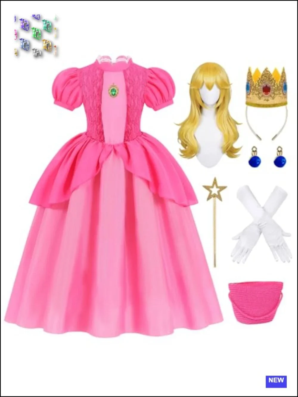 Kids Princess Costume with Wig, Wand, Crown, Gloves - Halloween Dress Up